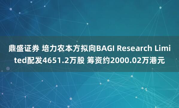 鼎盛证券 培力农本方拟向BAGI Research Limited配发4651.2万股 筹资约2000.02万港元